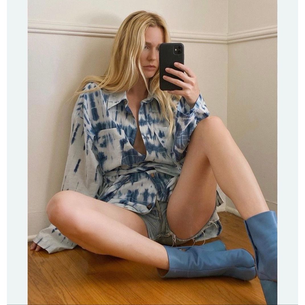 Nanushka Keiko Shirt Dress Medium Indigo Cotton Tie Dye Long Sleeve Blue Tunic